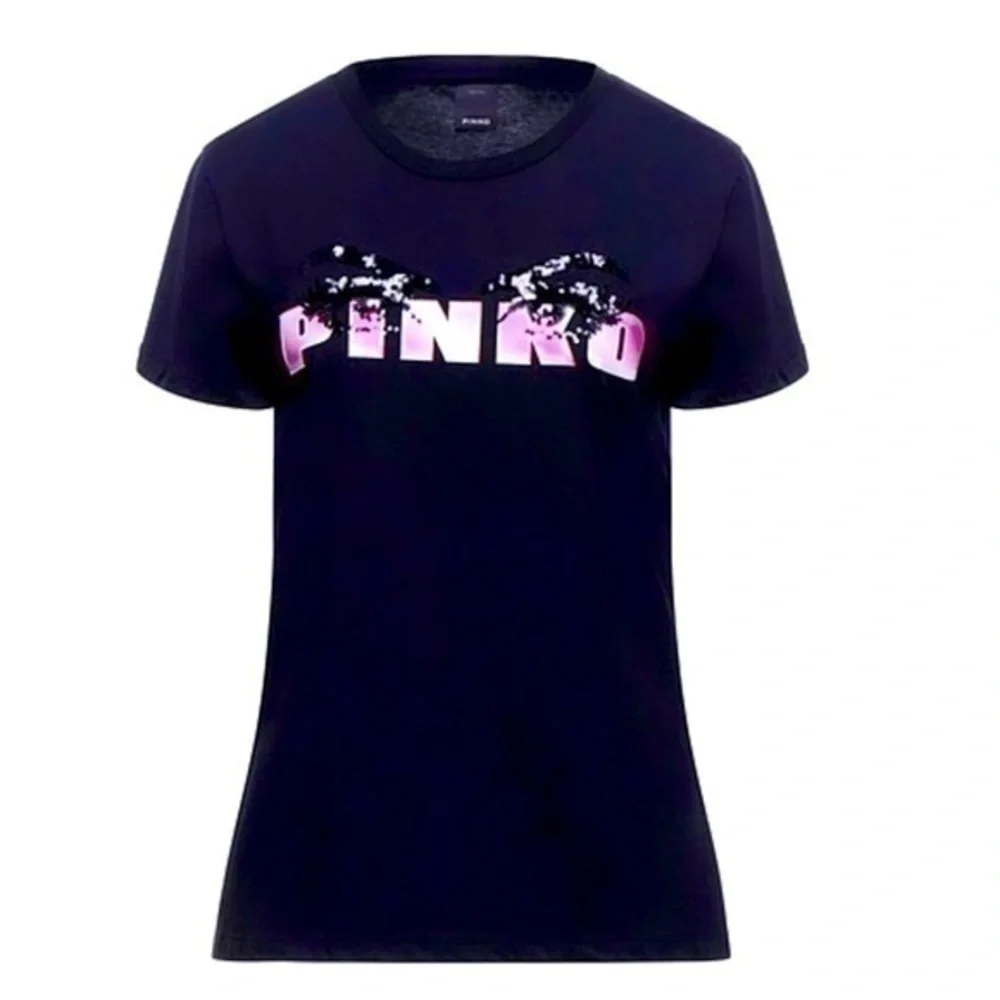 PINKO Sequined Eyes Logo Tee T-shirt in black w/ pink Italy pure 100% cotton XS - Picture 13 of 13